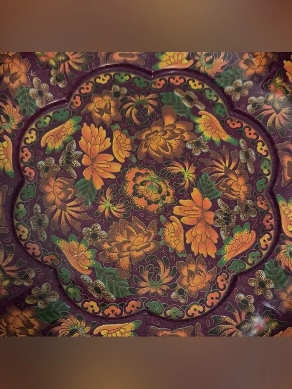 Vintage 1971 Daher Scalloped Metal Bowl, Autumn Floral Pattern